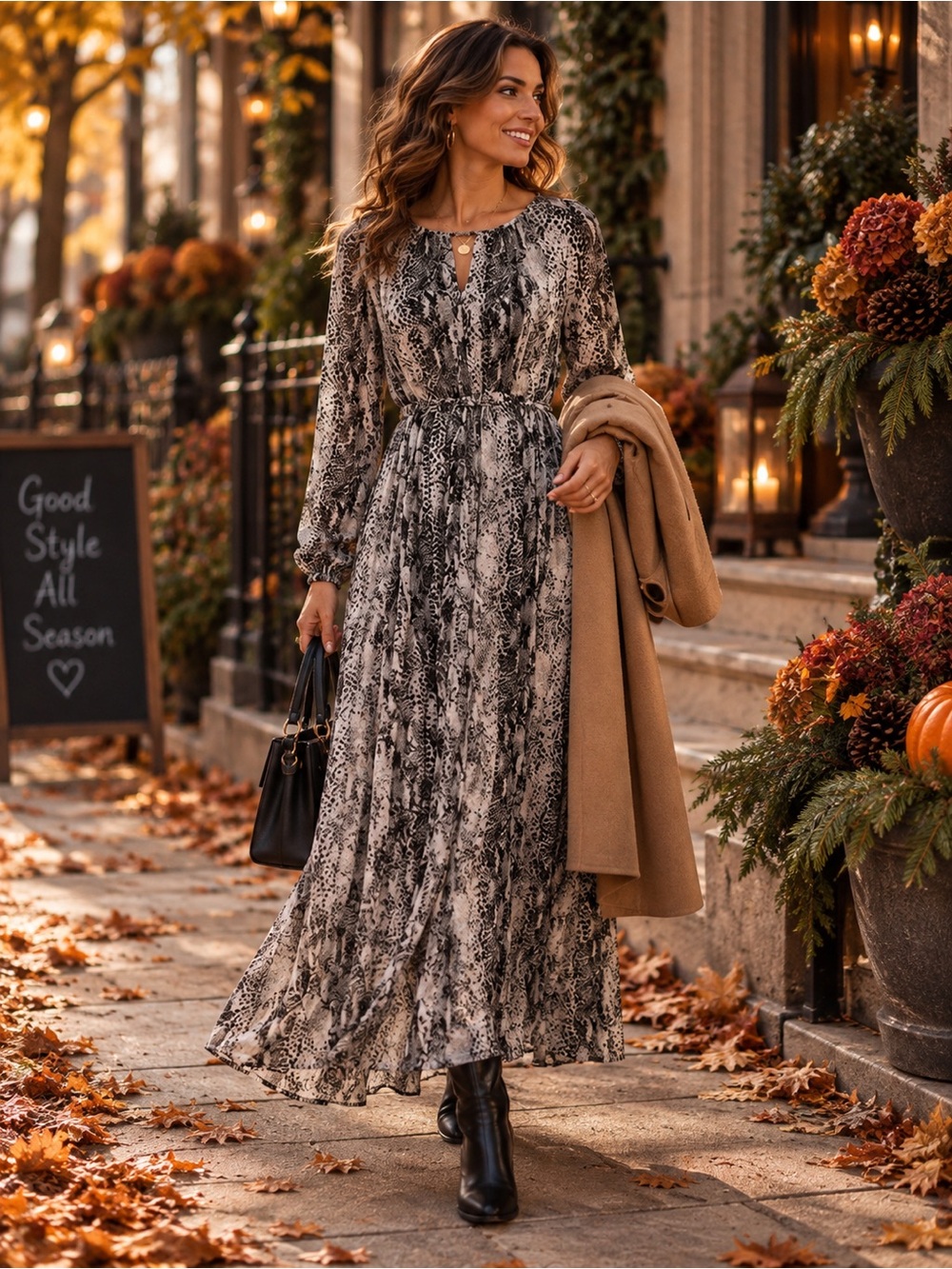 Black &‎ White Print Long Sleeve Maxi Dress with Cinched Waist